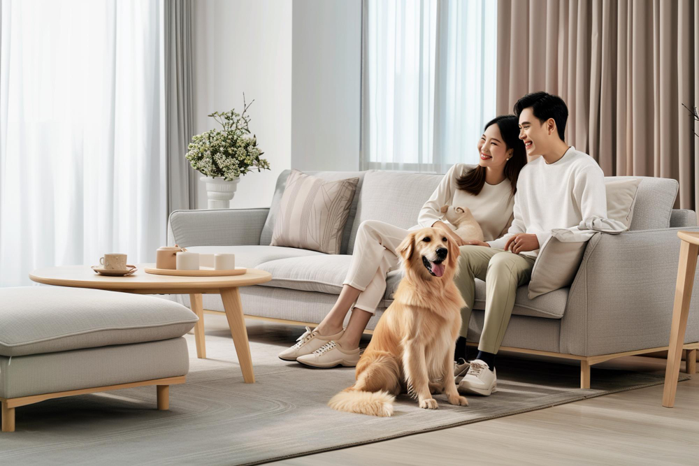 happy family with pet in the living room